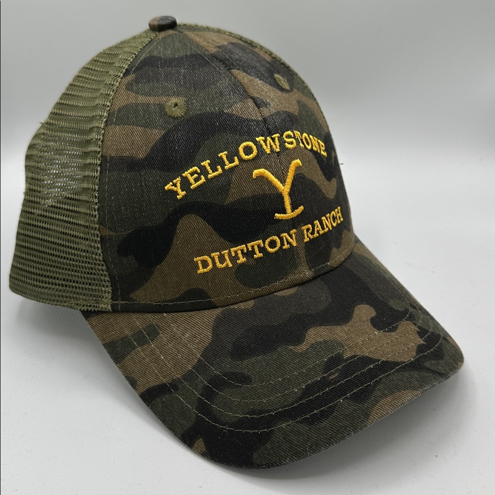 Yellowstone Dutton Ranch camo trucker hat with a mesh back, adjustable snapback